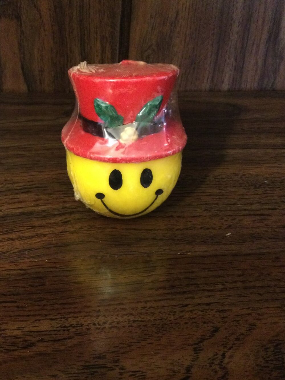 Vintage Holiday Yellow Smiley Happy Face Molded Wax Candle in Red Top Hat Santa